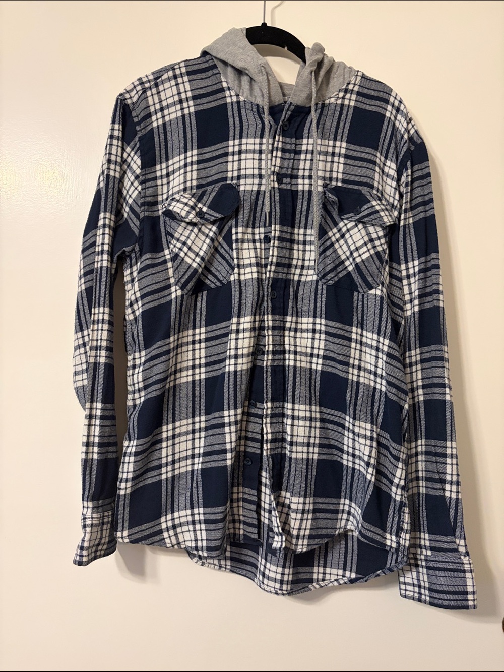 RSQ Navy & White Plaid Button-Down Shirt with Gray Hood